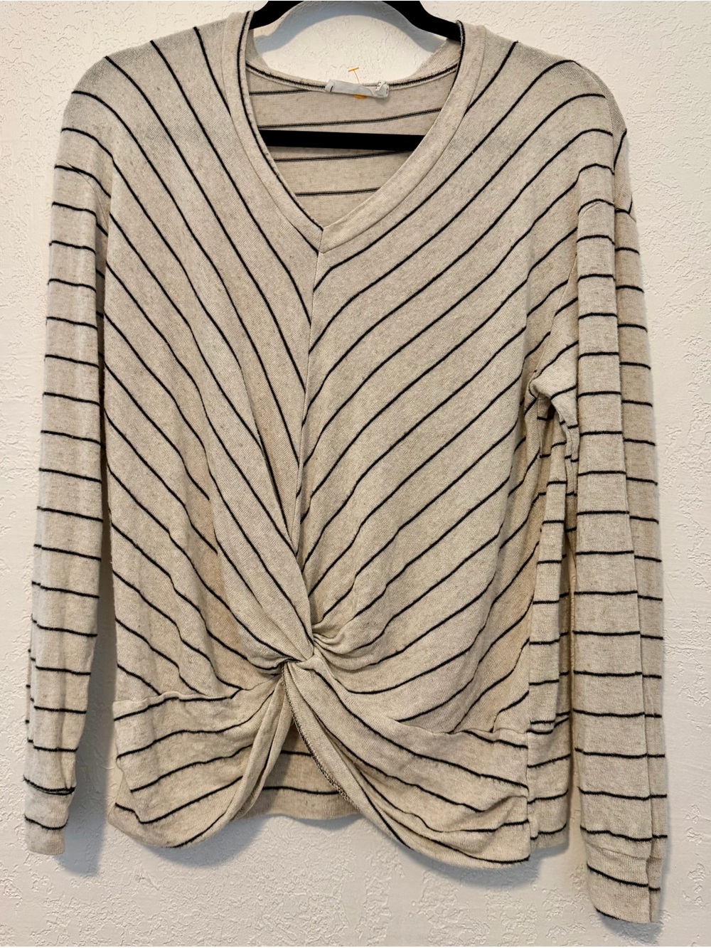 Lush Cream and Black Striped Twist-Front Long Sleeve Top